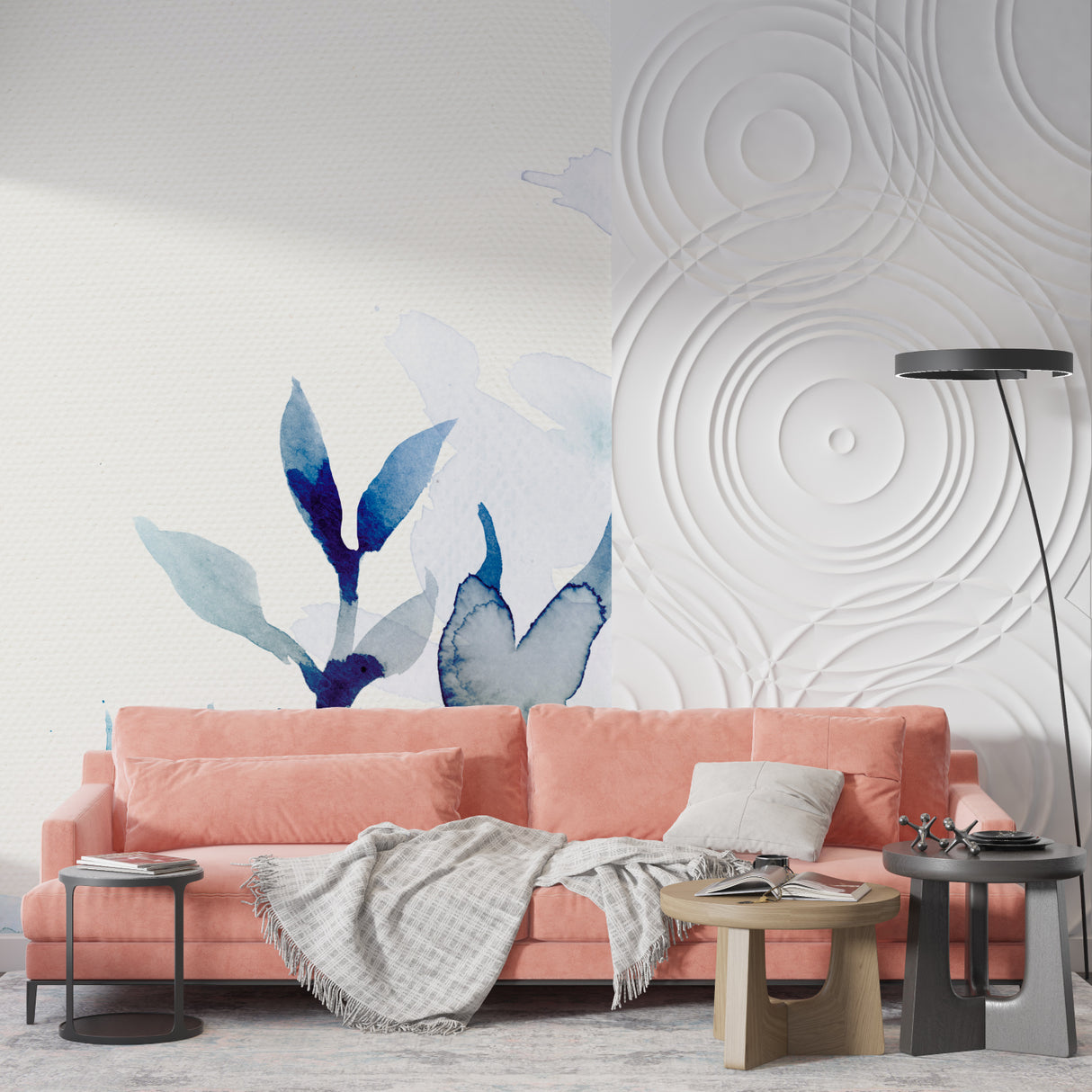 Abstract blue floral mural in a master bedroom showcasing flowing watercolor effects