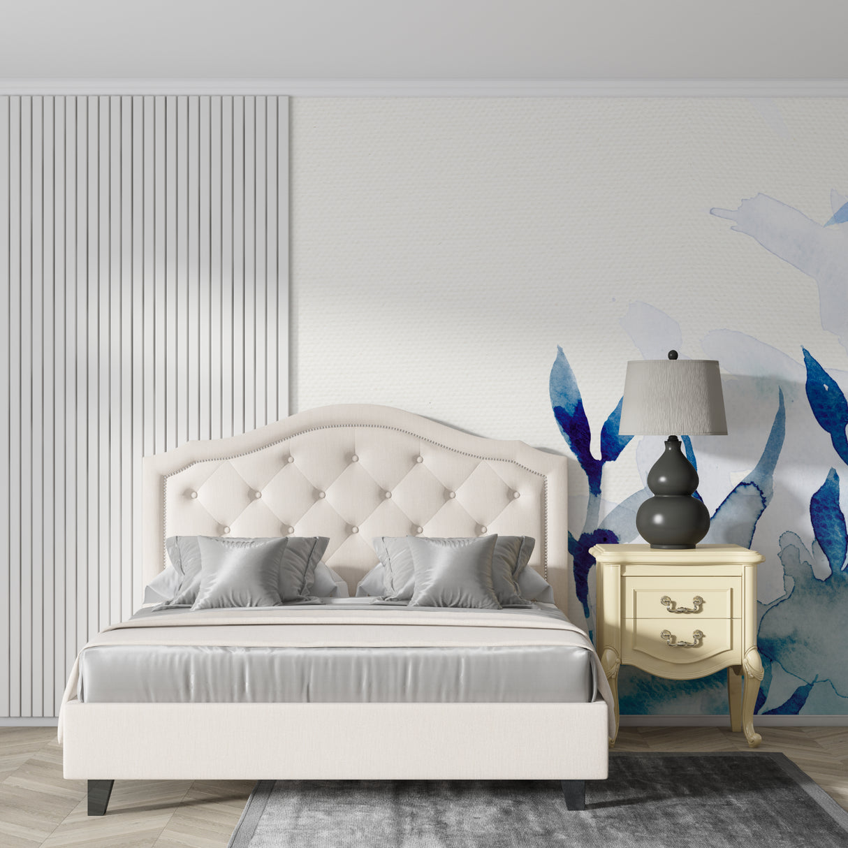 Blue abstract floral wallpaper creating depth in a dining room