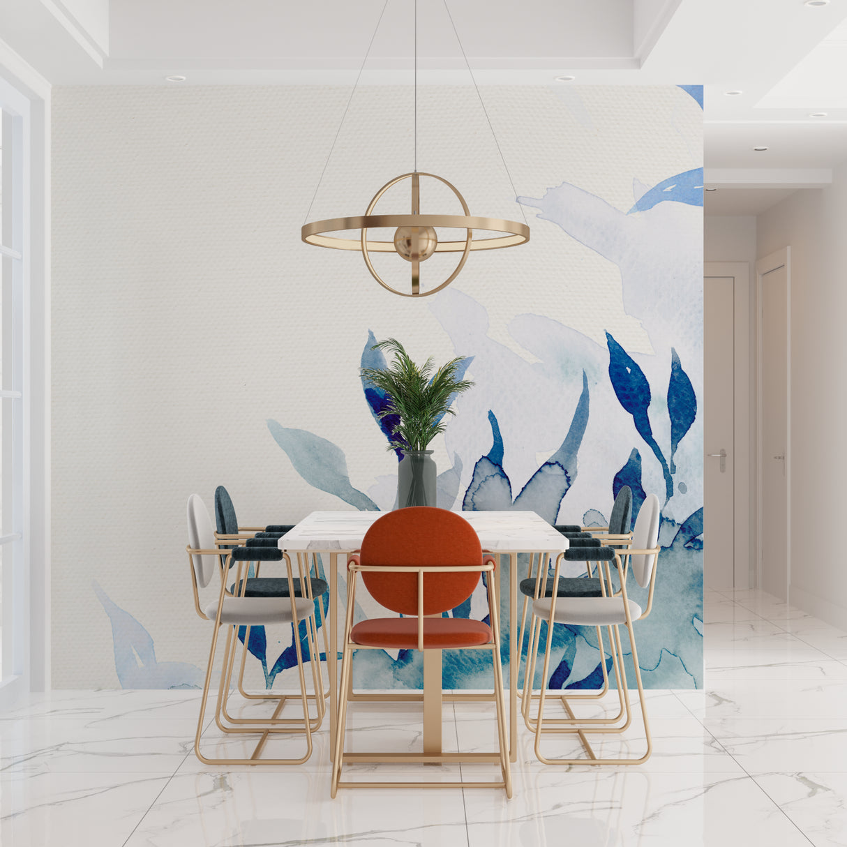 Watercolor mural with blue botanical design in an entrance hallway