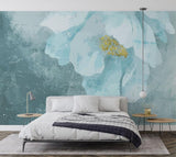 Abstract floral mural in boutique hotel lobby showing full wall application