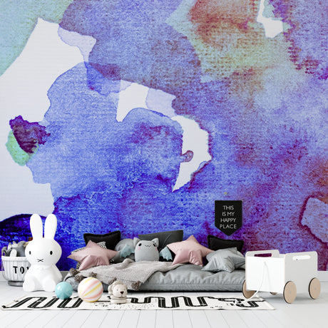 Purple and blue watercolor wallpaper creating a dreamy atmosphere in a modern living room