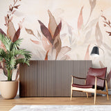 Dining room featuring autumn leaves wallpaper with soft watercolor effect and natural lighting
