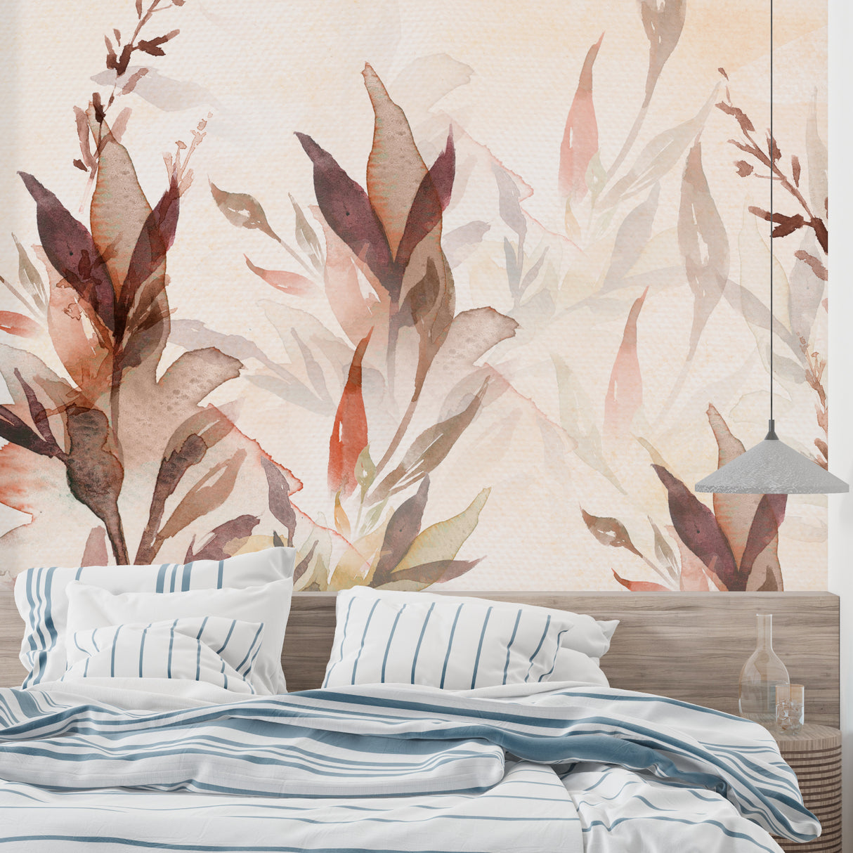 Bedroom wall with watercolor autumn leaves mural in soft, calming terracotta shades