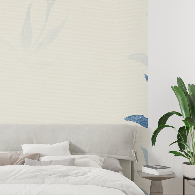 Blue watercolor leaves creating peaceful yoga room atmosphere