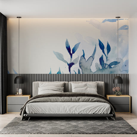 Blue botanical watercolor wallpaper in bright modern living room creating serene atmosphere