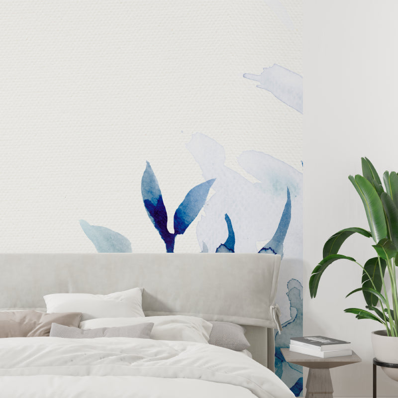 Blue botanical mural creating feature wall in modern bathroom design