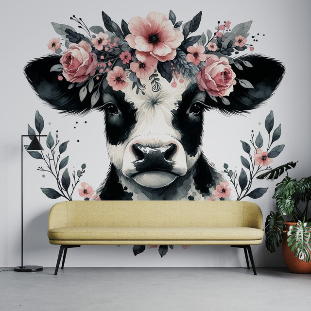 Farm Animal Mural Wallpaper  Floral Cow Watercolor Art - Premium wallpaper design showcase