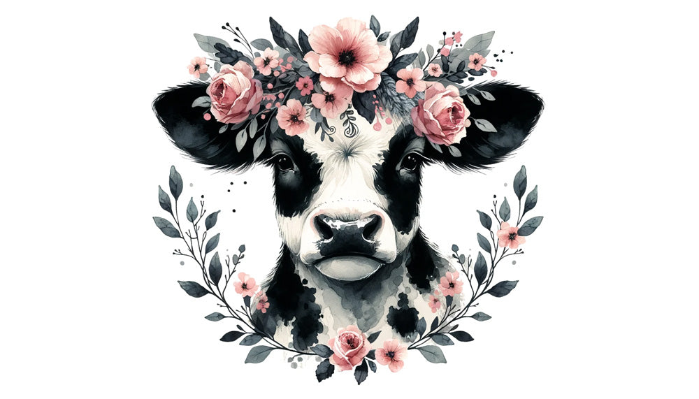 Farm Animal Mural Wallpaper  Floral Cow Watercolor Art - Detailed wallpaper pattern view