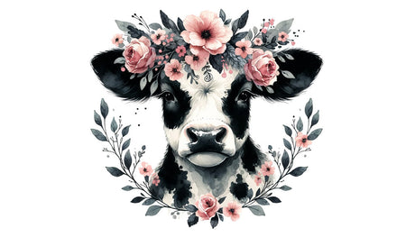 Farm Animal Mural Wallpaper  Floral Cow Watercolor Art - Detailed wallpaper pattern view