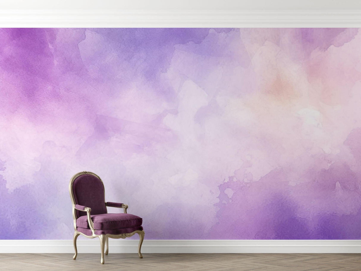 Watercolor purple wall mural adding soft color to a cozy nursery space