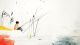 Watercolor fishing scene wallpaper design file showing delicate brushstrokes and nature elements