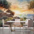Mediterranean landscape wallpaper creating a stunning focal point in modern living room with minimal furniture