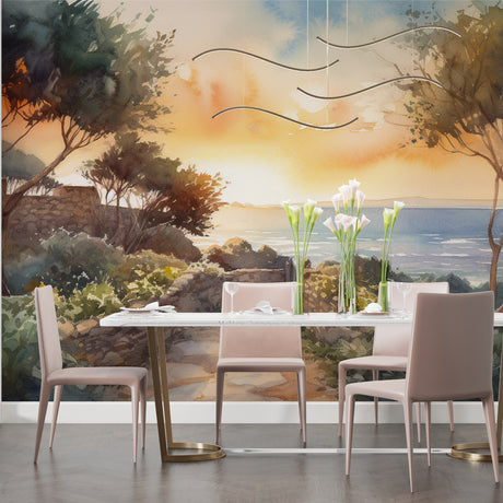 Mediterranean landscape wallpaper creating a stunning focal point in modern living room with minimal furniture
