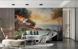 Sunset watercolor mural in cozy dining room with warm lighting and wooden furniture