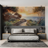 Mediterranean coastal wallpaper brightening up master bedroom with natural decor