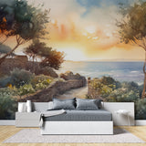 Watercolor landscape mural adding depth to home office with Mediterranean views