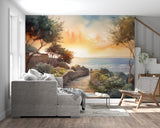 Sunset scene wallpaper creating peaceful atmosphere in meditation room setting