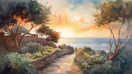 Mediterranean sunset wallpaper design file showing detailed watercolor brushstrokes and color palette