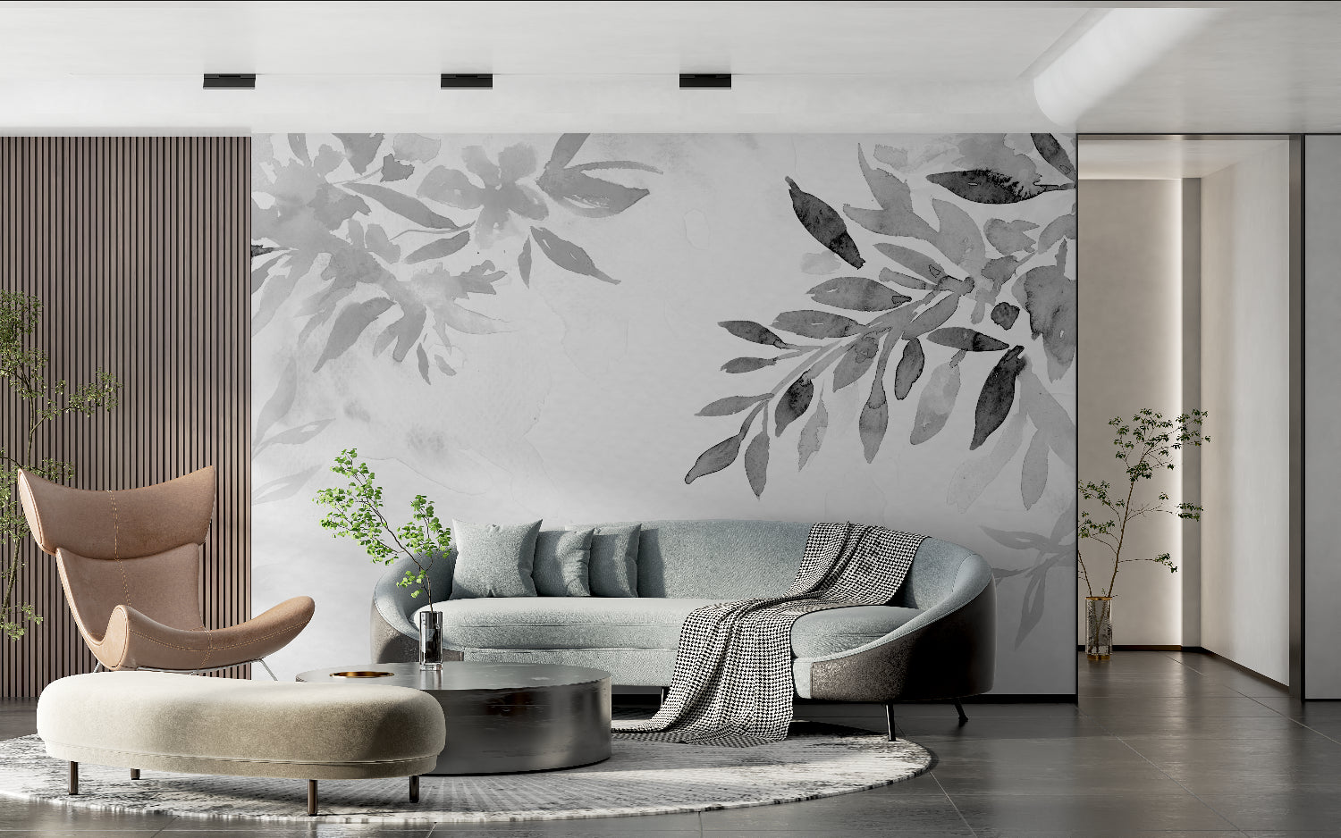 Minimalist grey leaf wallpaper creating serene atmosphere in master bedroom