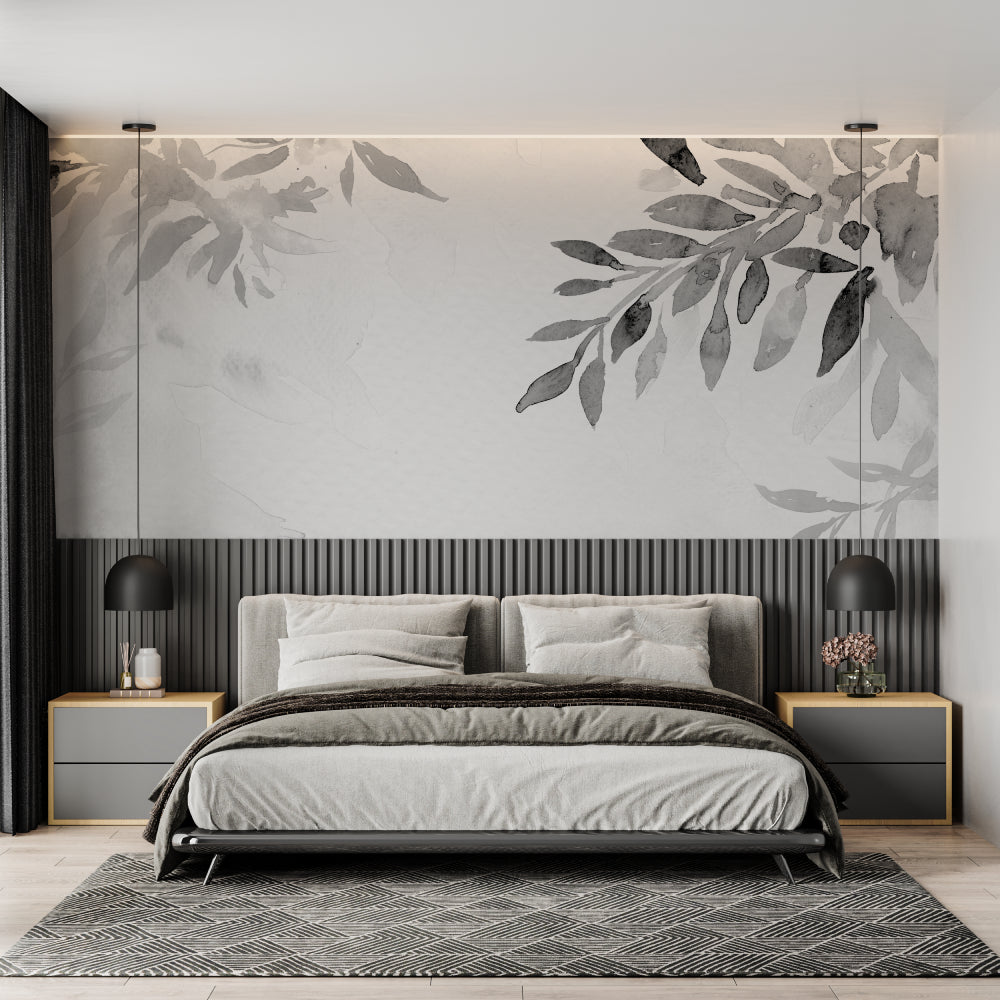 Watercolor grey foliage wallpaper in dining room with natural light