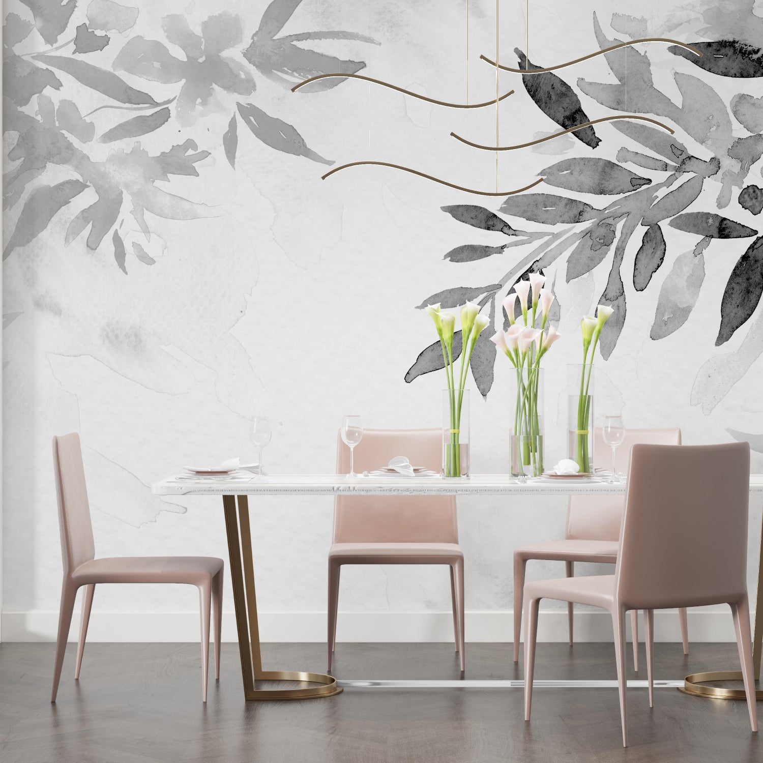 Grey botanical wall mural showcased in home office space