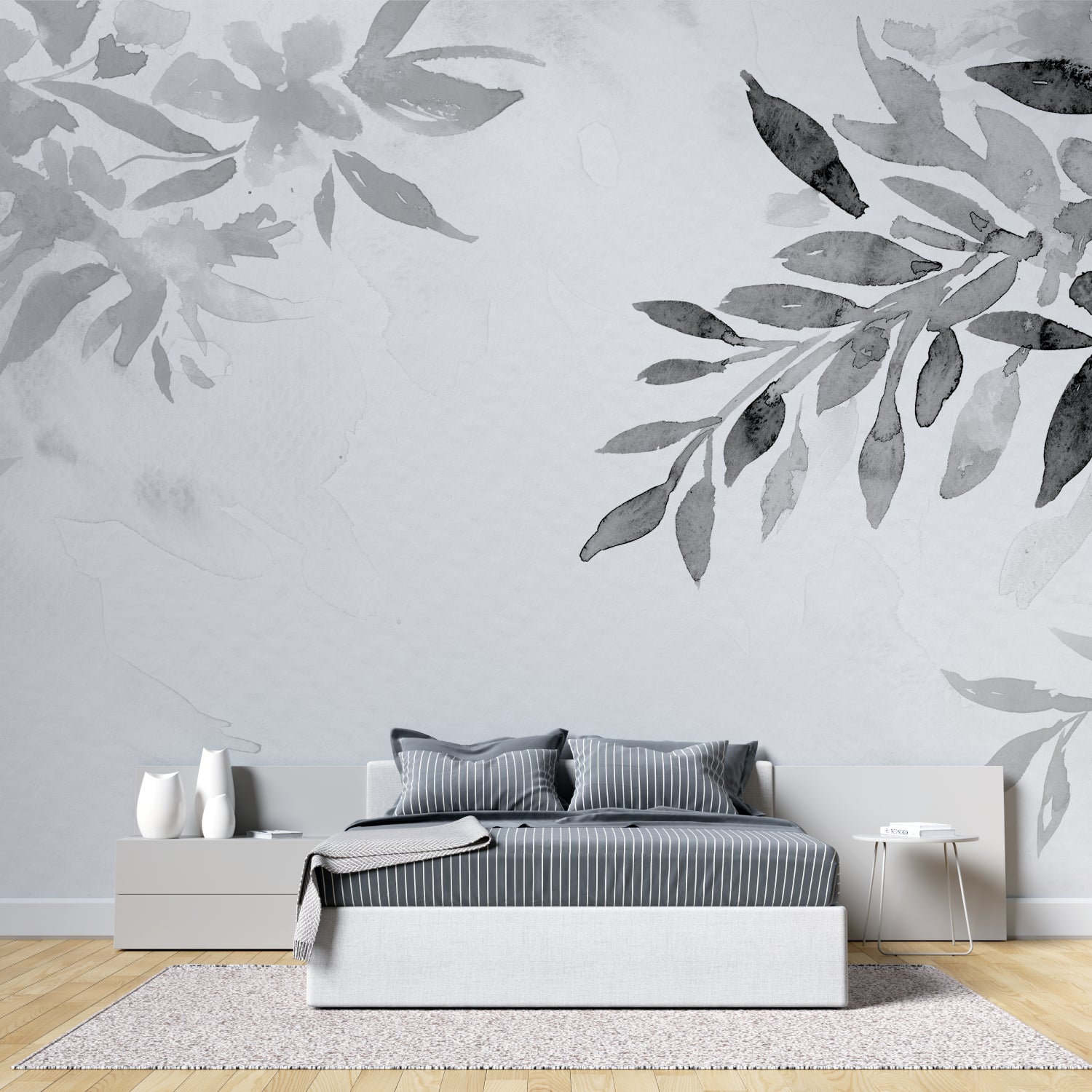 Monochrome leaf wallpaper adding subtle texture to entrance hall