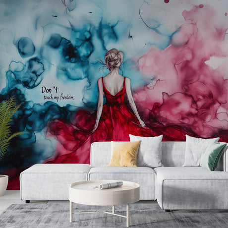 Red and turquoise Watercolor Abstract Wallpaper creating drama in a modern living room with white furniture