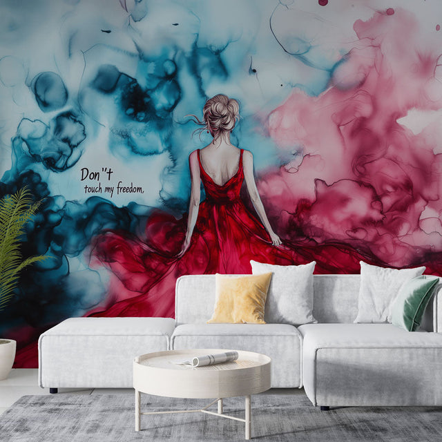 Red and turquoise Watercolor Abstract Wallpaper creating drama in a modern living room with white furniture