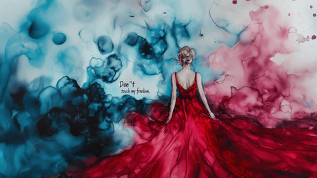 Watercolor Abstract Wallpaper design file showing red dress flowing into turquoise watercolor effects