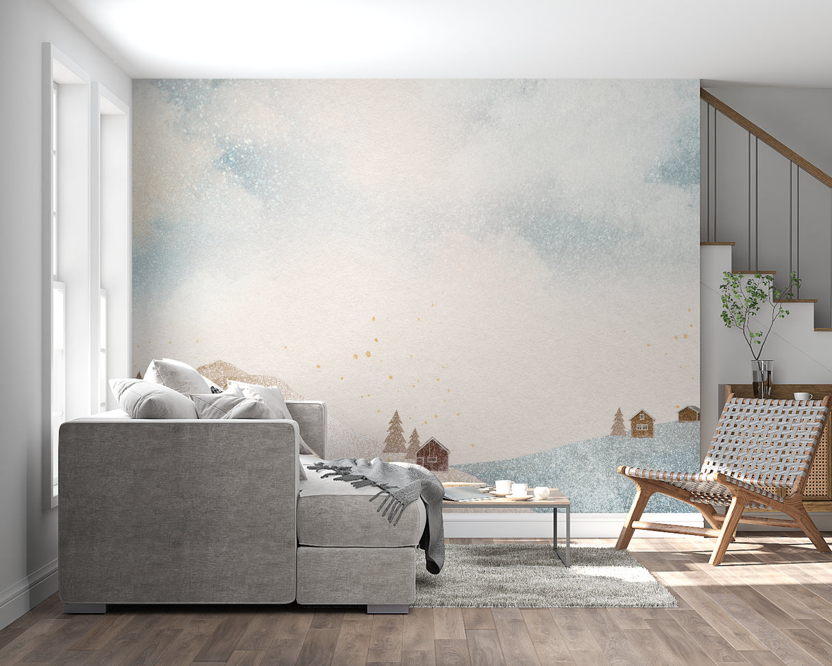 Watercolor landscape mural in modern Scandinavian living room with minimal furniture