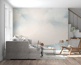 Watercolor landscape mural in modern Scandinavian living room with minimal furniture
