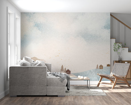 Watercolor landscape mural in modern Scandinavian living room with minimal furniture