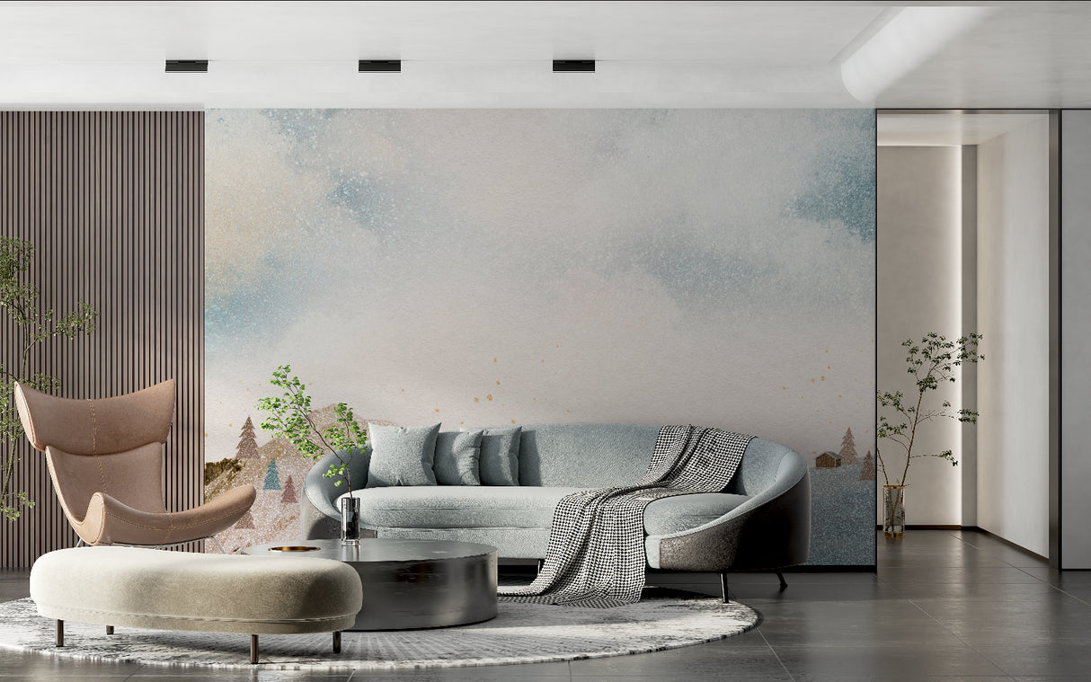 Nordic winter wallpaper creating depth in cozy bedroom setting