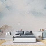 Mountain scene wallpaper in bright dining room with natural light
