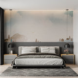 Watercolor wall mural bringing winter charm to home office space