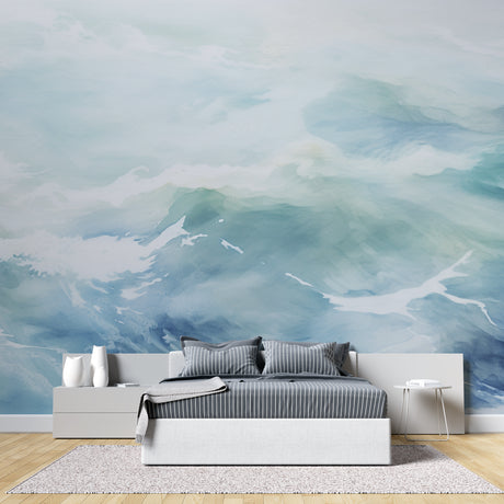 Watercolor ocean wave wallpaper in a bright coastal living room with natural light