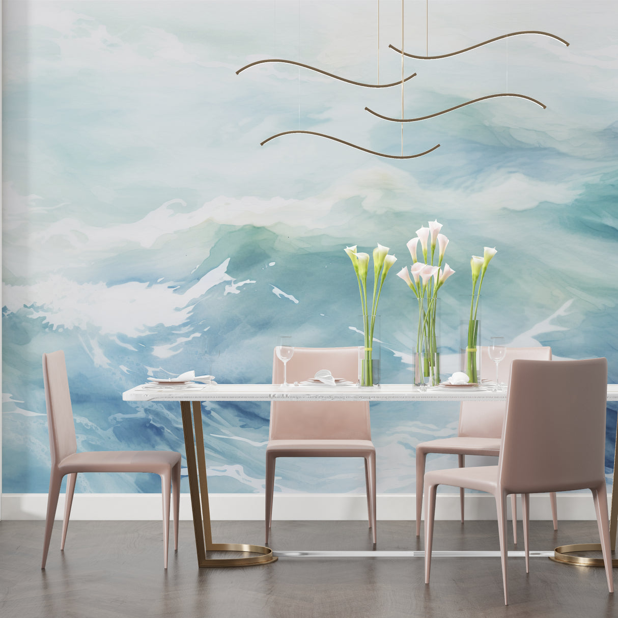 Modern bedroom featuring blue watercolor wave mural creating peaceful atmosphere