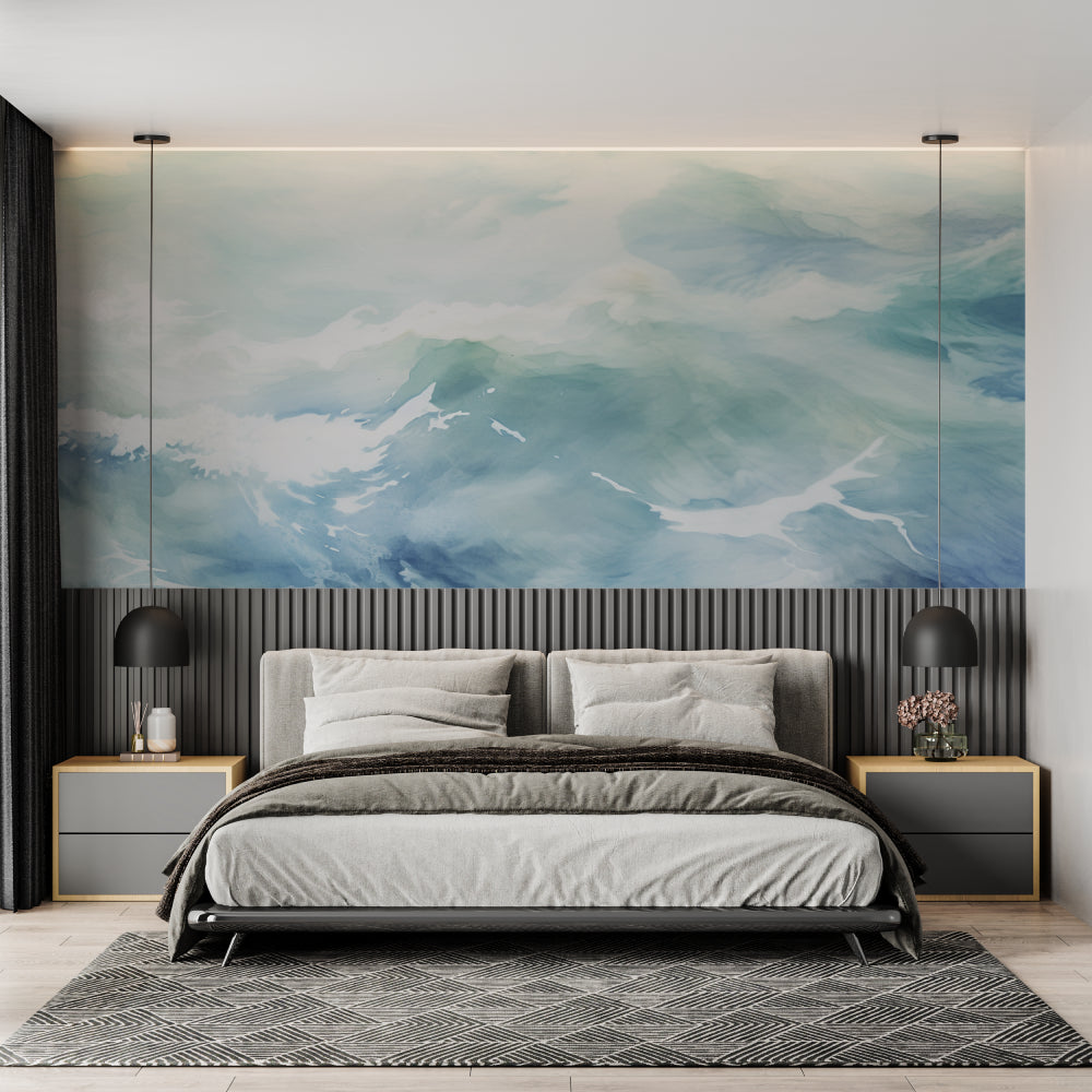 Ocean wave wallpaper in a minimalist home office space with clean lines
