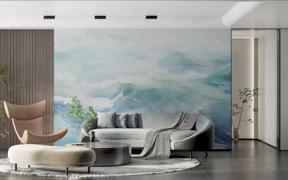 Watercolor wave mural adding depth to a contemporary dining room