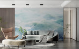 Watercolor wave mural adding depth to a contemporary dining room