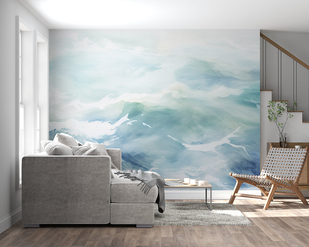 Coastal-inspired bathroom with calming blue wave wallpaper design
