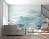 Coastal-inspired bathroom with calming blue wave wallpaper design
