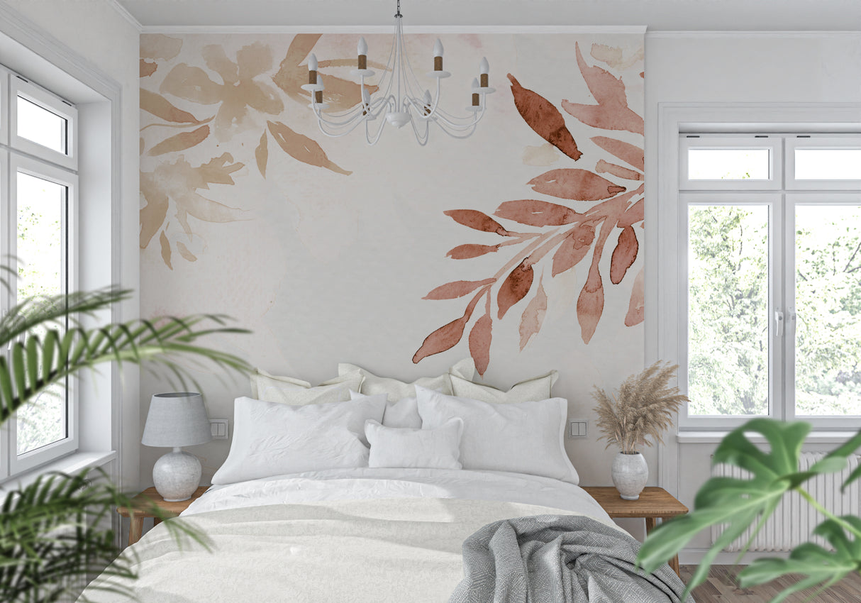 Terracotta botanical wallpaper in dining room with natural light highlighting leaf details
