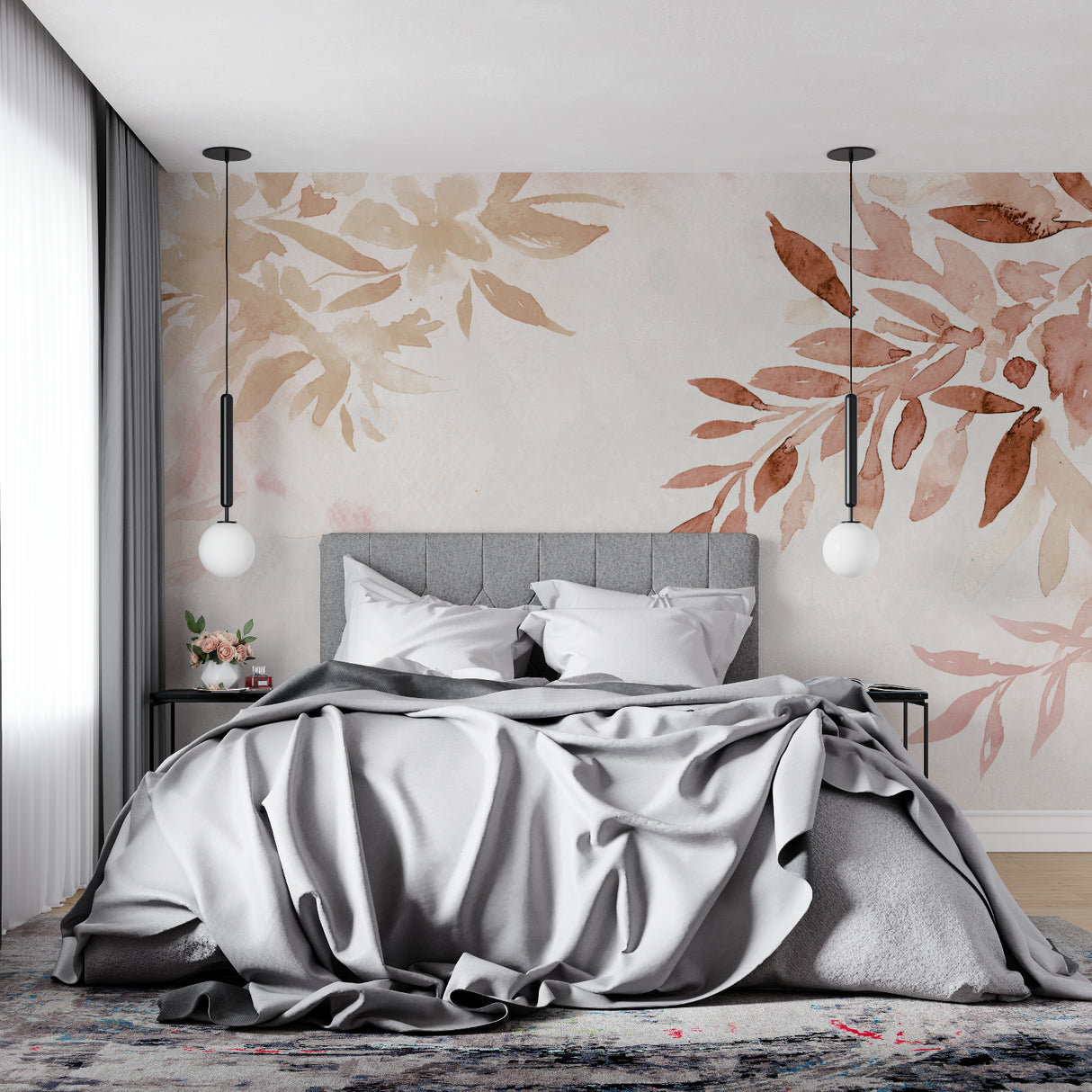 Botanical wallpaper installation in entrance hall with warm terracotta tones