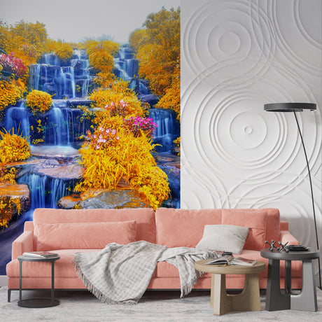 Waterfall wall mural creating depth in modern living room with grey sofa and natural light