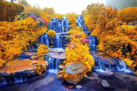 Waterfall landscape design file showing detailed autumn forest and blue cascades pattern