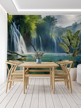 Waterfall mural wallpaper creating a peaceful atmosphere in a modern living room with natural light