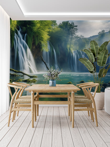 Waterfall mural wallpaper creating a peaceful atmosphere in a modern living room with natural light