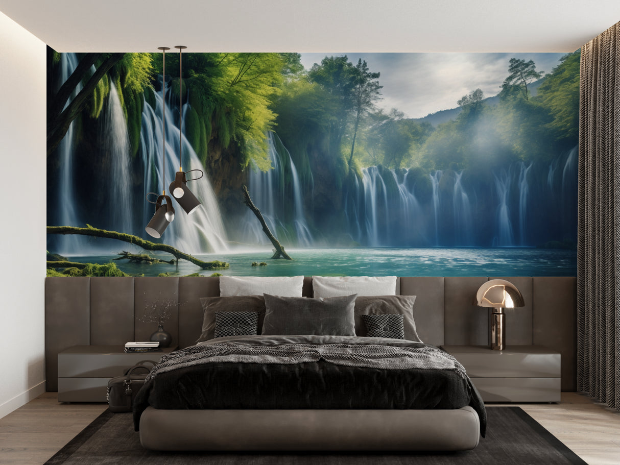 Relaxing bedroom with waterfall wall mural showcasing misty forest scene