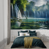 Nature wall mural in spa bathroom with cascading waterfall design